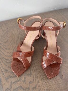 Stuart Weitzman Brown Patent Cork-Effect Strappy Heels